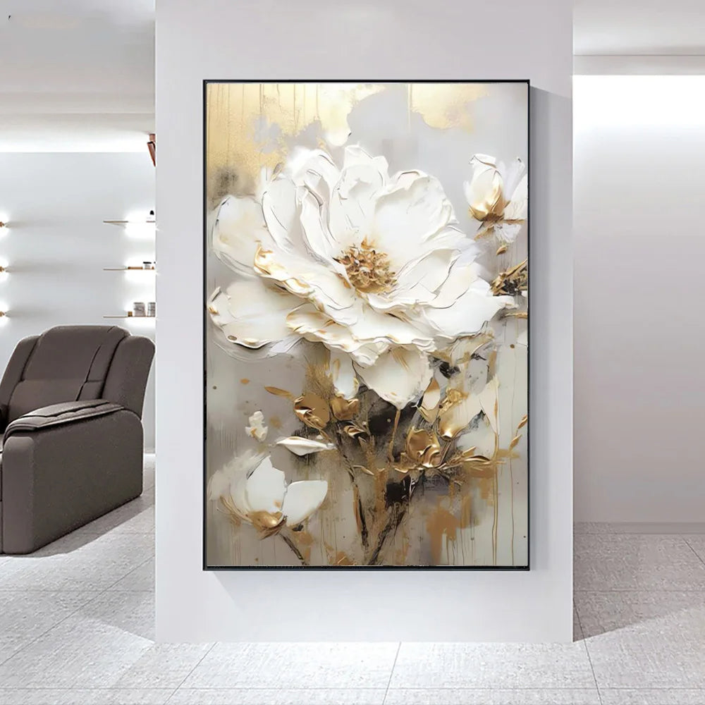 Modern Abstract White Floral Wall Art Fine Art Canvas Print Light Luxury Botanical Pictures for Living Room Entryway Hallway Wall | Skanto