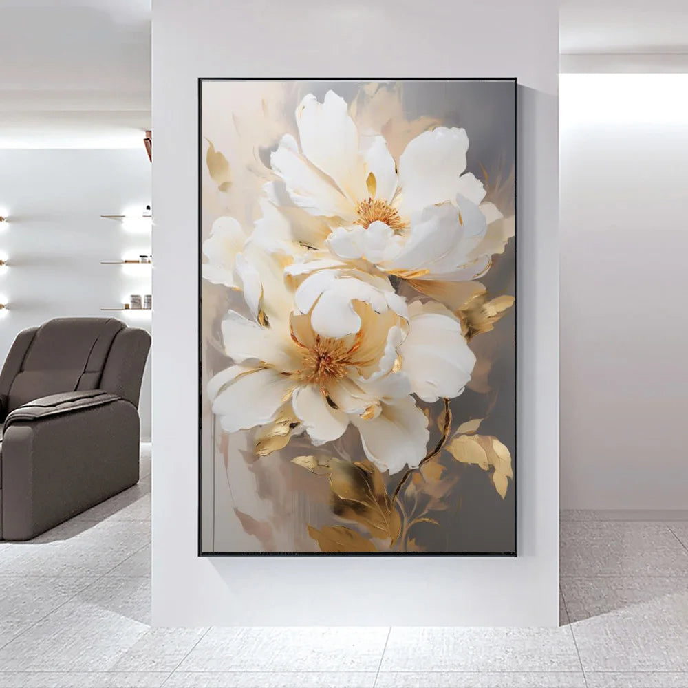 Modern Abstract White Floral Wall Art Fine Art Canvas Print Light Luxury Botanical Pictures for Living Room Entryway Hallway Wall | Skanto