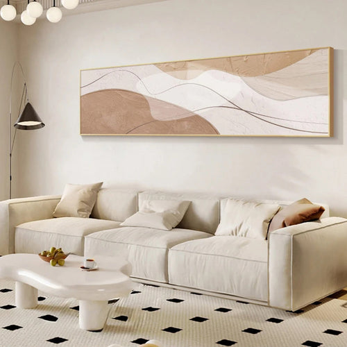 Modern Abstract Wide Format Wall Art Neutral Colors Flowing Lines Fine Art Canvas Prints Pictures for Above Sofa Art for Above Bed | Skanto