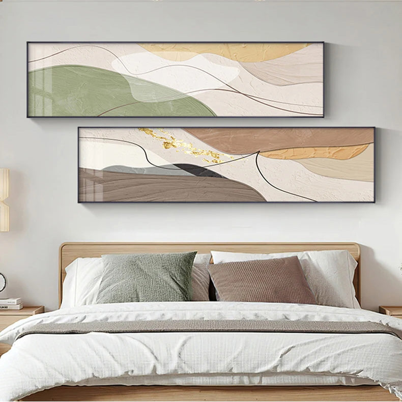 Modern Abstract Wide Format Wall Art Neutral Colors Flowing Lines Fine Art Canvas Prints Pictures for Above Sofa Art for Above Bed | Skanto
