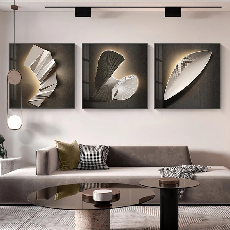 Moderne estetikk 3D LED-effekt abstrakt geometrisk veggkunst fine art lerrettrykk kvadratisk format bilder kunst for moderne interiører | Skanto