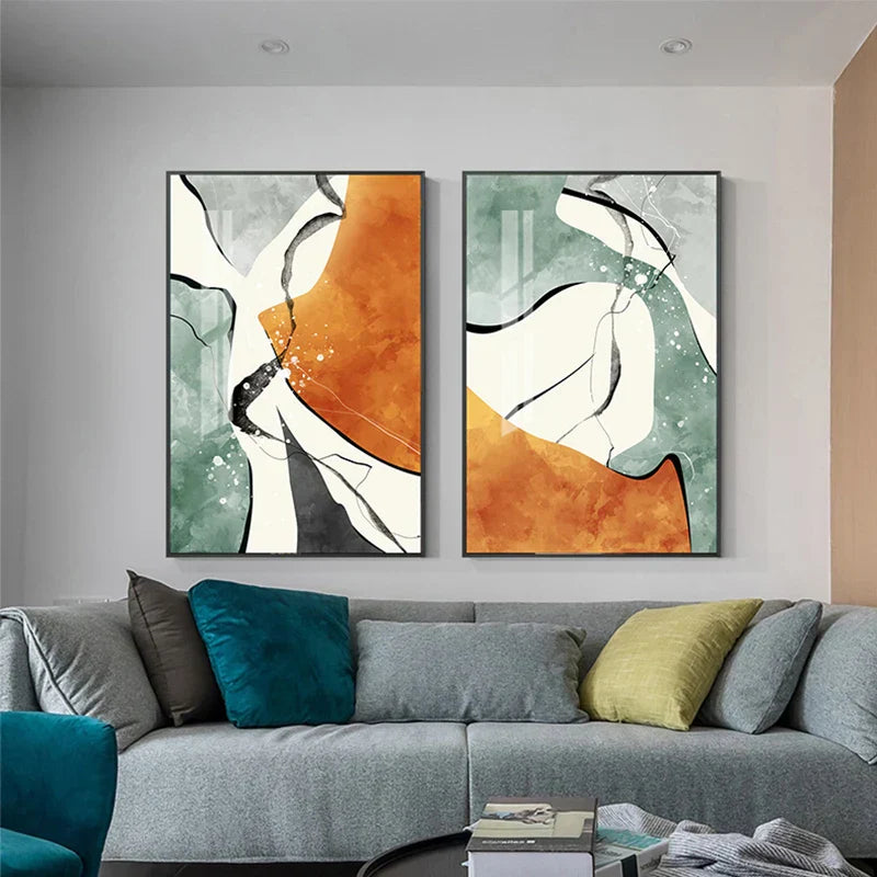 Moderne fargepaletter Nordisk abstrakt veggkunst Fin kunst lerretsutskrifter Grå Orange Grønn Flytende dynamiske bilder for stue Kontor Foyer kunst Dekor | Skanto