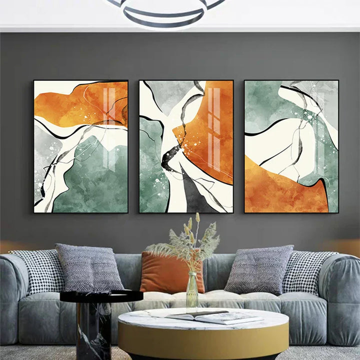Moderne fargepaletter Nordisk abstrakt veggkunst Fin kunst lerretsutskrifter Grå Orange Grønn Flytende dynamiske bilder for stue Kontor Foyer kunst Dekor | Skanto
