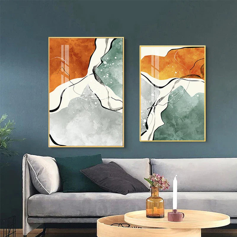 Moderne fargepaletter Nordisk abstrakt veggkunst Fin kunst lerretsutskrifter Grå Orange Grønn Flytende dynamiske bilder for stue Kontor Foyer kunst Dekor | Skanto