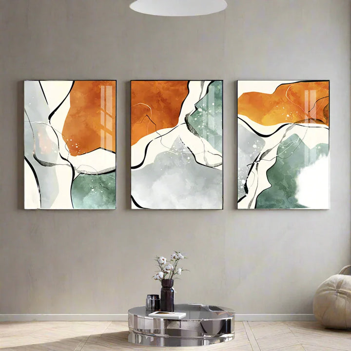 Moderne fargepaletter Nordisk abstrakt veggkunst Fin kunst lerretsutskrifter Grå Orange Grønn Flytende dynamiske bilder for stue Kontor Foyer kunst Dekor | Skanto