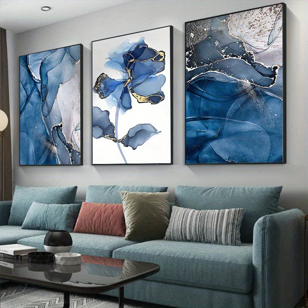 Moderne eksotiske flytende blå marmorprint blomster veggkunst fin kunst lerretsutskrifter nordisk abstrakte bilder for stue hotellrom kunstdekor | Skanto