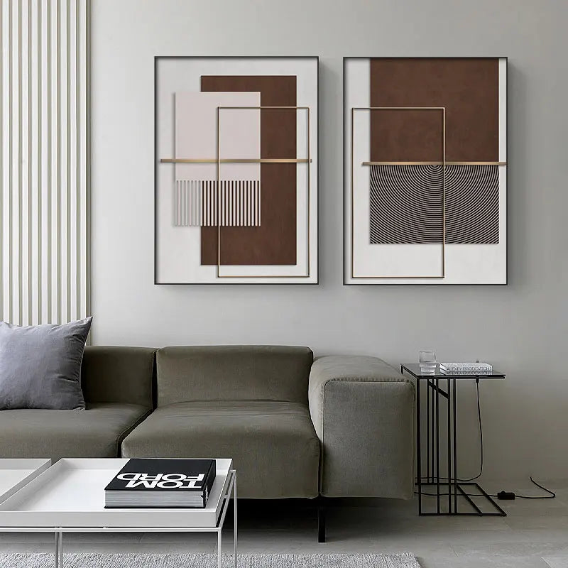 Moderne Geometriske Abstrakte Lerretstrykk - Elegant Arkitektonisk Veggkunst med Kreesformer, Vertikale Linjer og Bruntoner, Terrakotta & Beige Gullakenter | Skanto