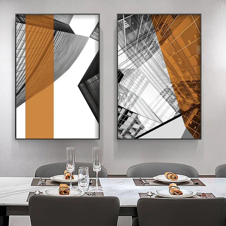 Moderne geometrisk arkitektonisk veggkunst Fine Art lerrettrykk svarte grå oransje abstrakte bilder for stue studio hjemmekontor kunstdekorasjon | Skanto