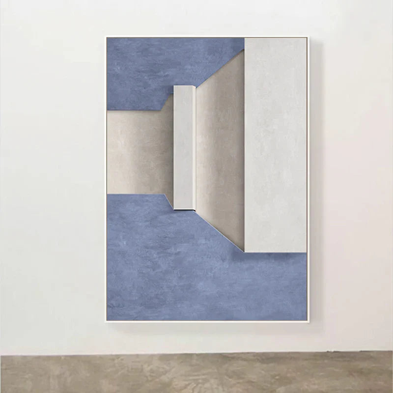 Moderne Minimalistiske Abstrakte Geometriske Lerrettrykk Veggkunst - Tredimensjonalt Design i Blå, Beige og Hvit - Samtidsveggkunst for Stue- eller Kontordekor | Skanto
