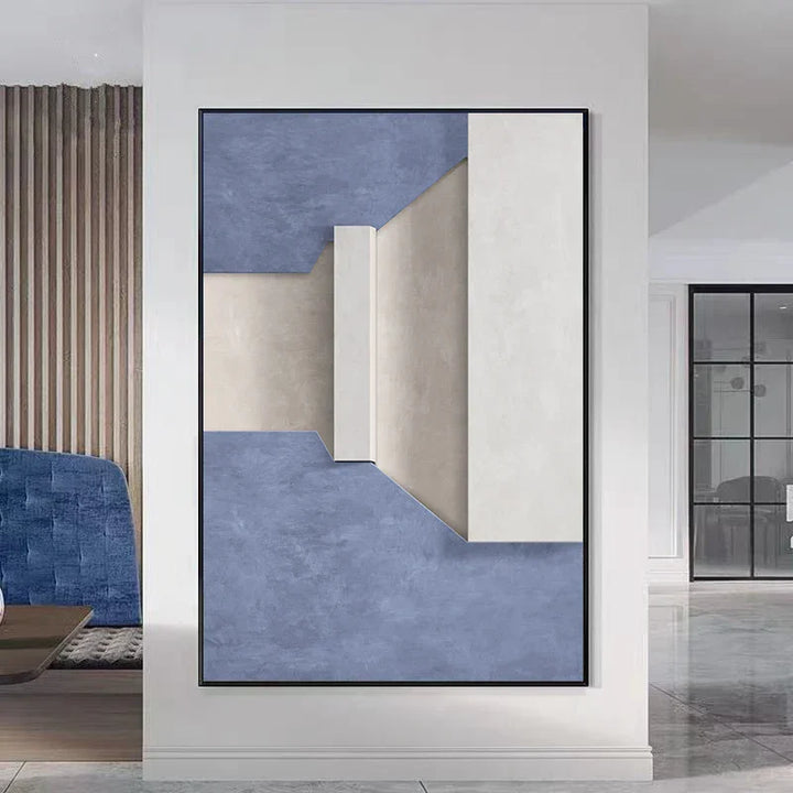 Moderne Minimalistiske Abstrakte Geometriske Lerrettrykk Veggkunst - Tredimensjonalt Design i Blå, Beige og Hvit - Samtidsveggkunst for Stue- eller Kontordekor | Skanto