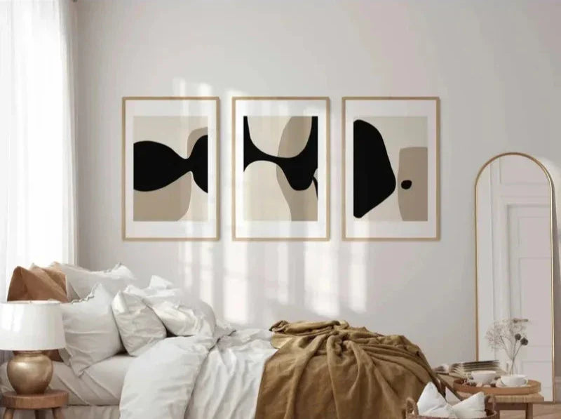 Moderne svarte beige formfulle abstrakte veggkunst fine kunst lerretsutskrifter bilder for stue soverom kunst for moderne interiører | Skanto
