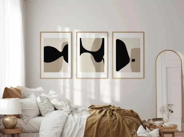 Moderne svarte beige formfulle abstrakte veggkunst fine kunst lerretsutskrifter bilder for stue soverom kunst for moderne interiører | Skanto