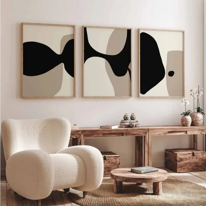 Moderne svarte beige formfulle abstrakte veggkunst fine kunst lerretsutskrifter bilder for stue soverom kunst for moderne interiører | Skanto