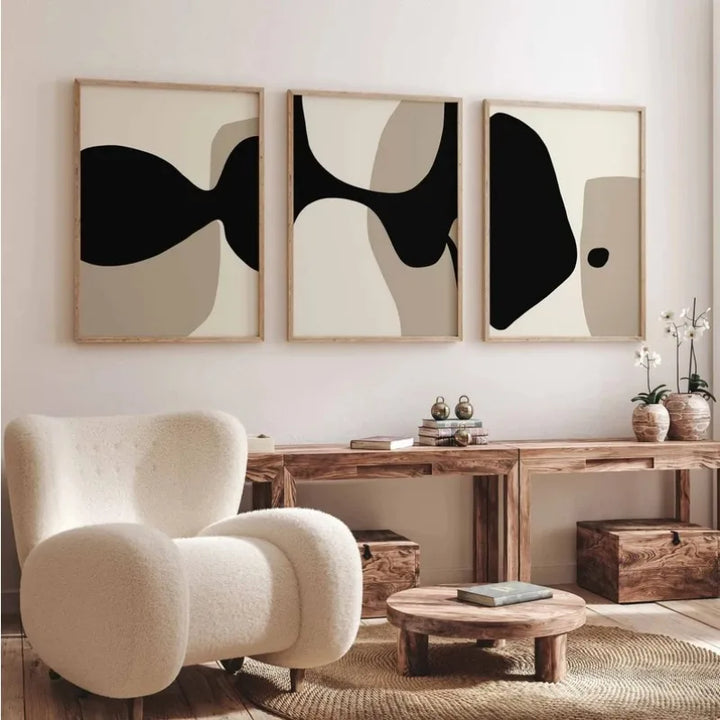 Moderne svarte beige formfulle abstrakte veggkunst fine kunst lerretsutskrifter bilder for stue soverom kunst for moderne interiører | Skanto