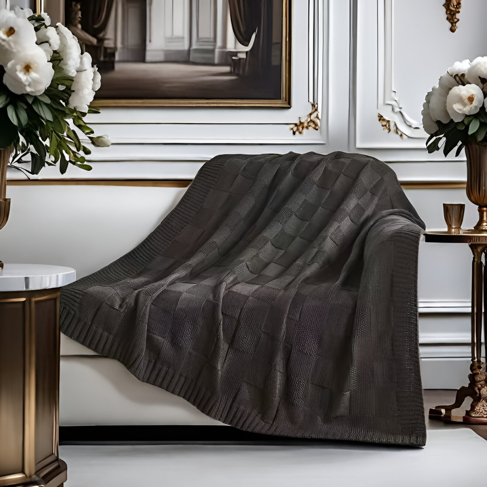 Skanto | Loomvera Plaid | Strikket Teppe Svart-Hvitt | Myk & Hudvennlig | For Alle Sider