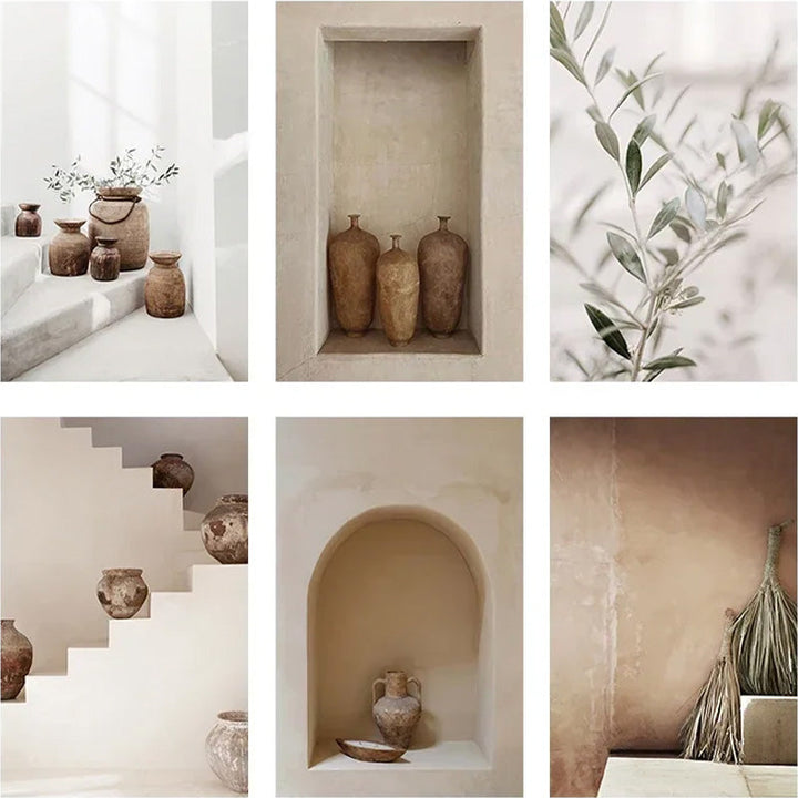 Neutral Colors Terracotta Still Life Vase Wall Art Fine Art Canvas Print Poster Architectural Images for Modern Living Room Bedroom Home Deco | Skanto