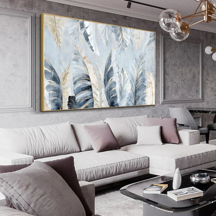 Nordic Abstract Blå Gyldne Palmblader & Fjær Veggkunst Fine Art Lerrettrykk Moderne Abstrakte Botaniske Bilder For Stue Soverom Kunst Dekor | Skanto