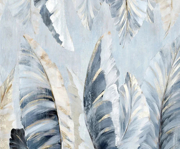 Nordic Abstract Blå Gyldne Palmblader & Fjær Veggkunst Fine Art Lerrettrykk Moderne Abstrakte Botaniske Bilder For Stue Soverom Kunst Dekor | Skanto