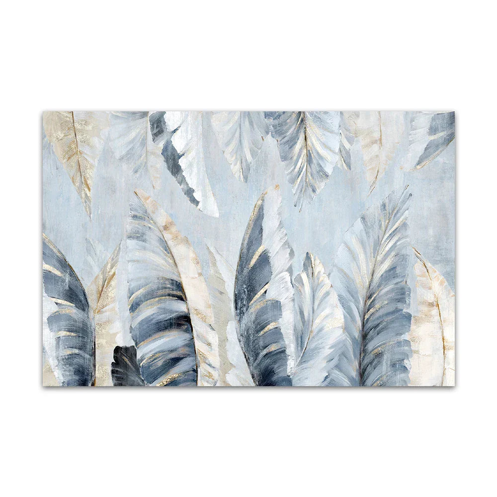 Nordic Abstract Blå Gyldne Palmblader & Fjær Veggkunst Fine Art Lerrettrykk Moderne Abstrakte Botaniske Bilder For Stue Soverom Kunst Dekor | Skanto