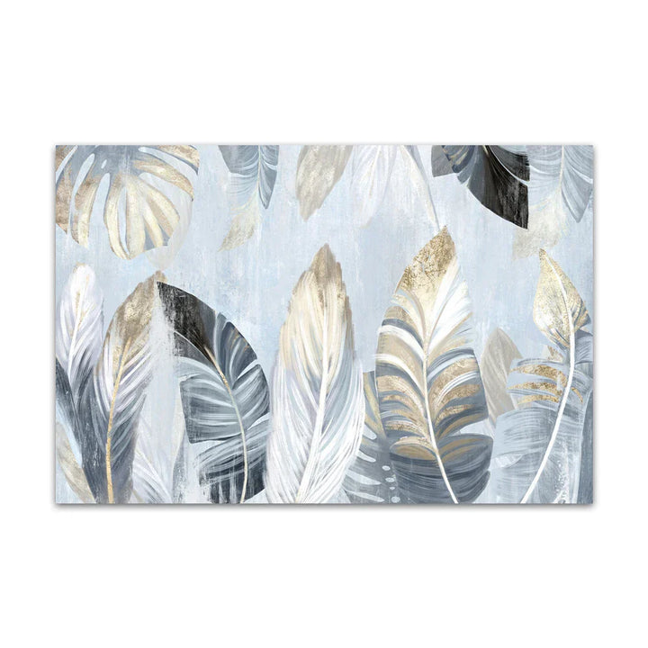 Nordic Abstract Blå Gyldne Palmblader & Fjær Veggkunst Fine Art Lerrettrykk Moderne Abstrakte Botaniske Bilder For Stue Soverom Kunst Dekor | Skanto