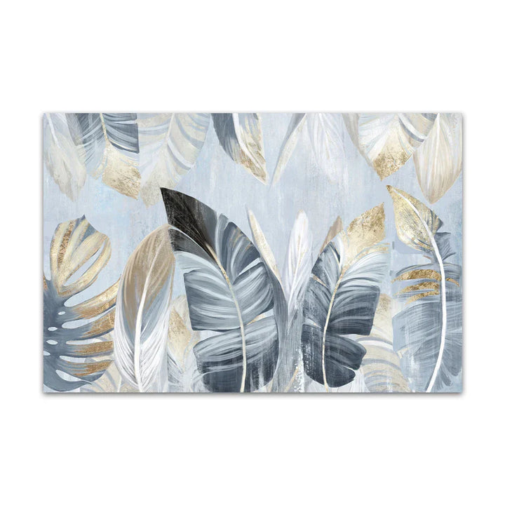 Nordic Abstract Blå Gyldne Palmblader & Fjær Veggkunst Fine Art Lerrettrykk Moderne Abstrakte Botaniske Bilder For Stue Soverom Kunst Dekor | Skanto