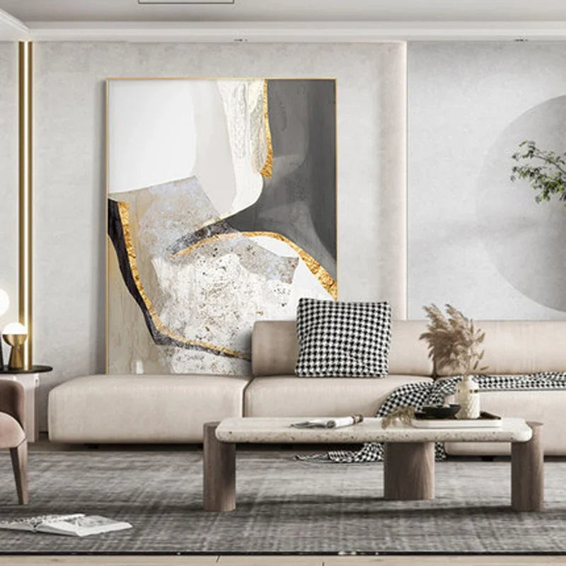 Nordic Abstract Geometric Neutral Colors Golden Beige Gray Wall Art Fine Art Canvas Prints Pictures For Modern Apartment Living Room Decor | Skanto