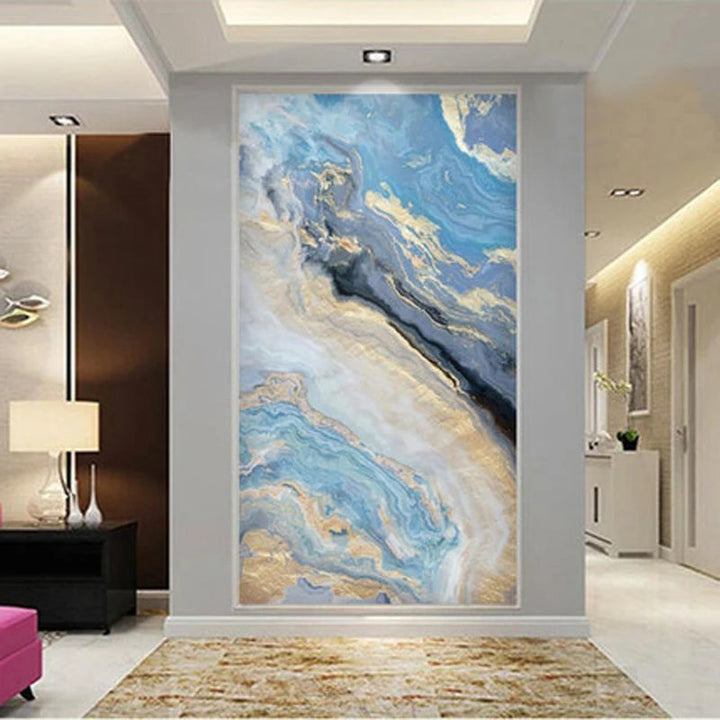 Nordic Aqua Blue Green Golden Fluid Marble Print Wall Art Fine Art Canvas Prints Pictures For Luxury Living Room Foyer Hotel Room Decor | Skanto
