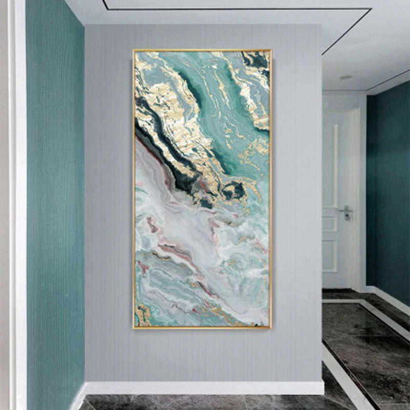 Nordic Aqua Blue Green Golden Fluid Marble Print Wall Art Fine Art Canvas Prints Pictures For Luxury Living Room Foyer Hotel Room Decor | Skanto