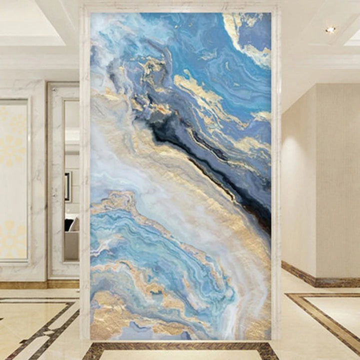 Nordic Aqua Blue Green Golden Fluid Marble Print Wall Art Fine Art Canvas Prints Pictures For Luxury Living Room Foyer Hotel Room Decor | Skanto