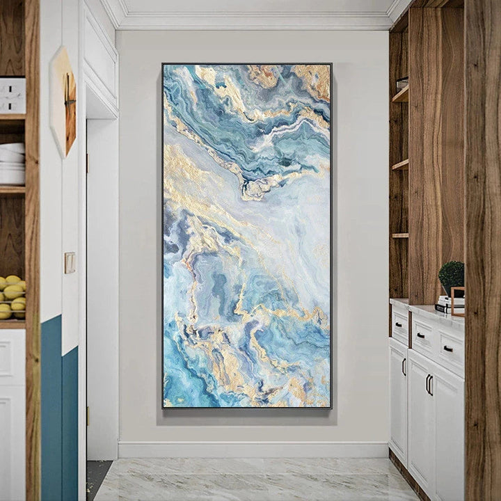 Nordic Aqua Blue Green Golden Fluid Marble Print Wall Art Fine Art Canvas Prints Pictures For Luxury Living Room Foyer Hotel Room Decor | Skanto