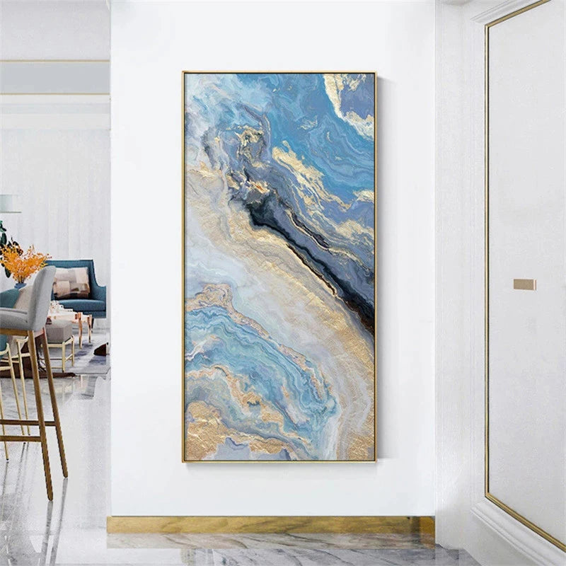Nordic Aqua Blue Green Golden Fluid Marble Print Wall Art Fine Art Canvas Prints Pictures For Luxury Living Room Foyer Hotel Room Decor | Skanto