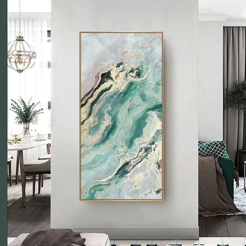 Nordic Aqua Blue Green Golden Fluid Marble Print Wall Art Fine Art Canvas Prints Pictures For Luxury Living Room Foyer Hotel Room Decor | Skanto