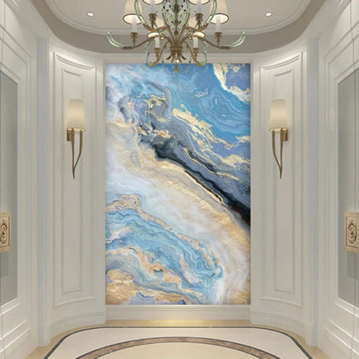 Nordic Aqua Blue Green Golden Fluid Marble Print Wall Art Fine Art Canvas Prints Pictures For Luxury Living Room Foyer Hotel Room Decor | Skanto