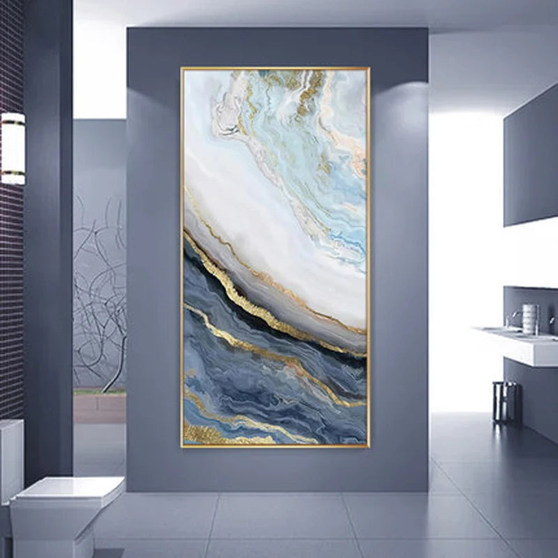 Nordic Aqua Blue Green Golden Fluid Marble Print Wall Art Fine Art Canvas Prints Pictures For Luxury Living Room Foyer Hotel Room Decor | Skanto