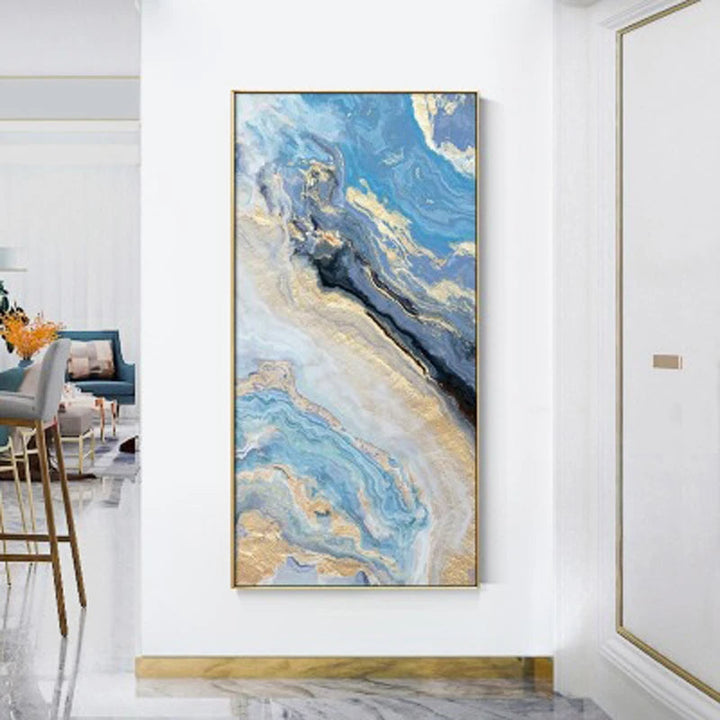 Nordic Aqua Blue Green Golden Fluid Marble Print Wall Art Fine Art Canvas Prints Pictures For Luxury Living Room Foyer Hotel Room Decor | Skanto