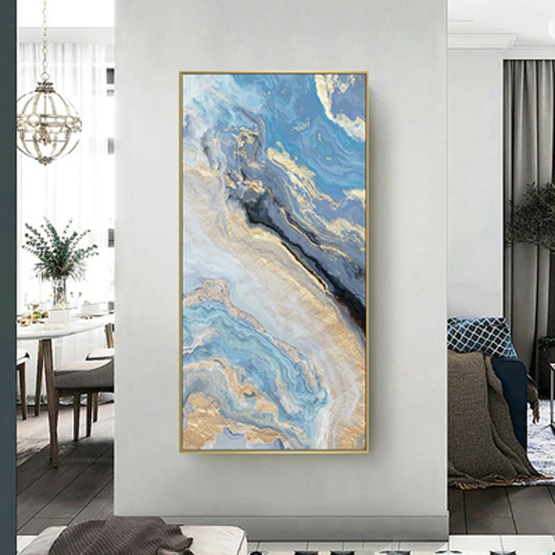 Nordic Aqua Blue Green Golden Fluid Marble Print Wall Art Fine Art Canvas Prints Pictures For Luxury Living Room Foyer Hotel Room Decor | Skanto