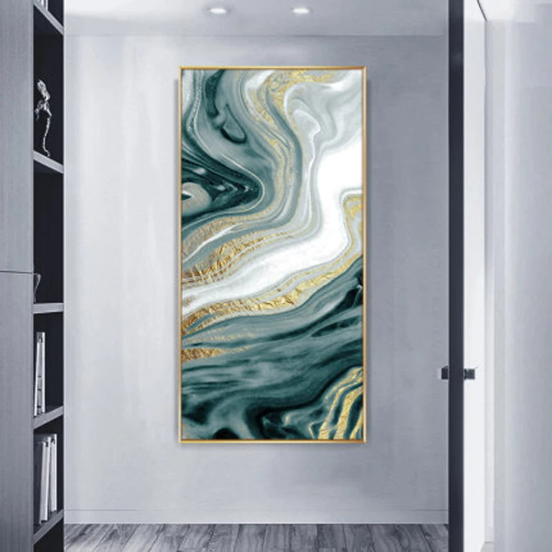 Nordic Aqua Blue Green Golden Fluid Marble Print Wall Art Fine Art Canvas Prints Pictures For Luxury Living Room Foyer Hotel Room Decor | Skanto