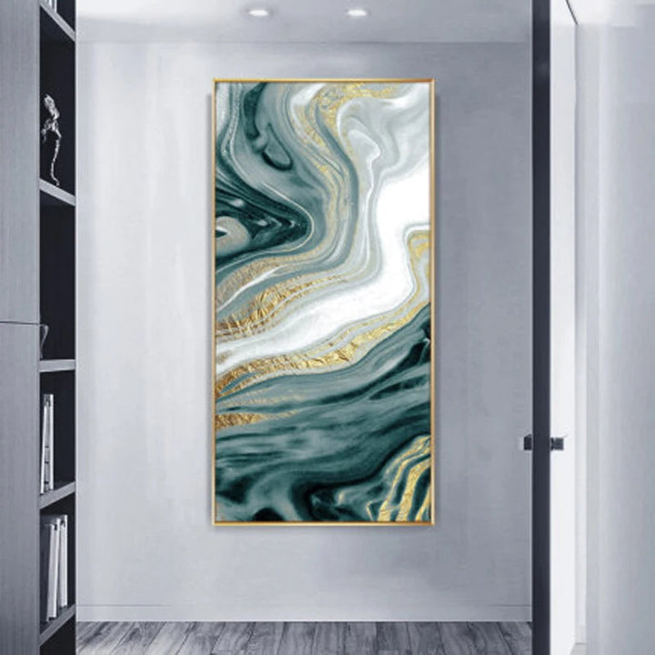 Nordic Aqua Blue Green Golden Fluid Marble Print Wall Art Fine Art Canvas Prints Pictures For Luxury Living Room Foyer Hotel Room Decor | Skanto