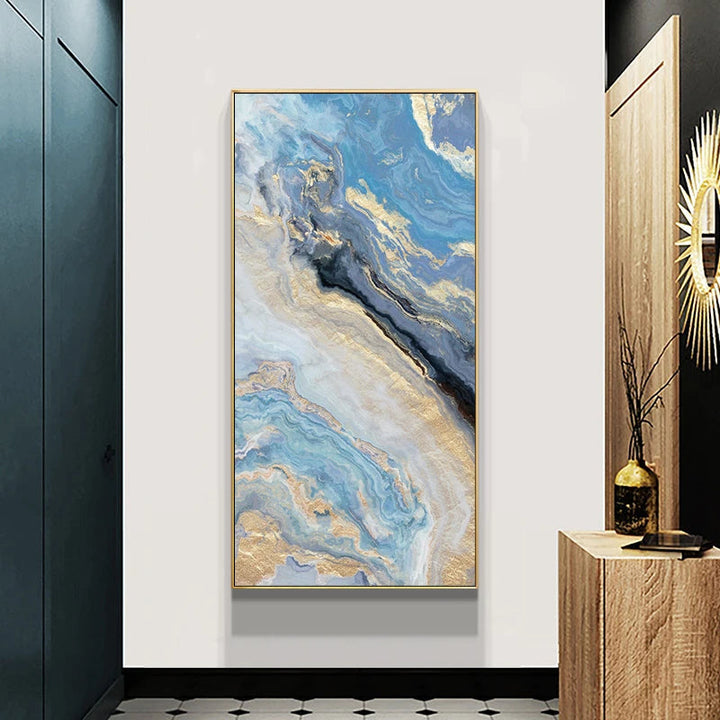 Nordic Aqua Blue Green Golden Fluid Marble Print Wall Art Fine Art Canvas Prints Pictures For Luxury Living Room Foyer Hotel Room Decor | Skanto