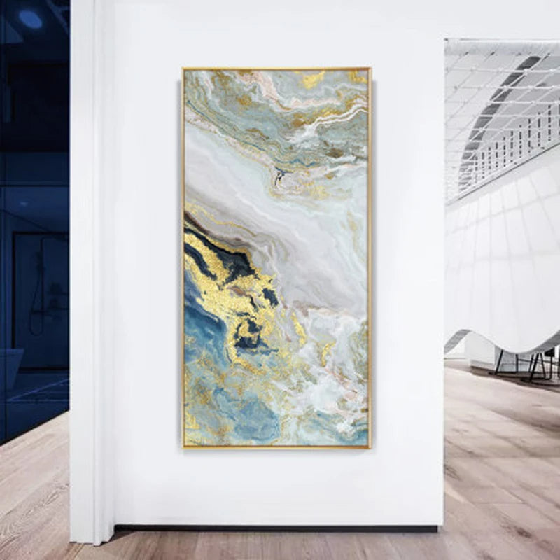 Nordic Aqua Blue Green Golden Fluid Marble Print Wall Art Fine Art Canvas Prints Pictures For Luxury Living Room Foyer Hotel Room Decor | Skanto