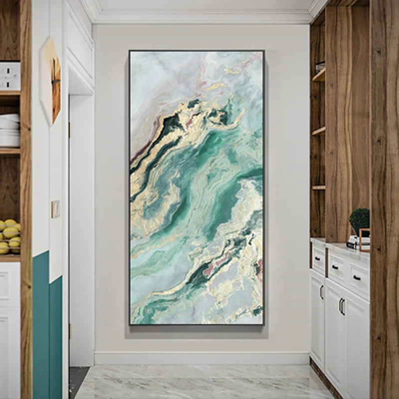 Nordic Aqua Blue Green Golden Fluid Marble Print Wall Art Fine Art Canvas Prints Pictures For Luxury Living Room Foyer Hotel Room Decor | Skanto