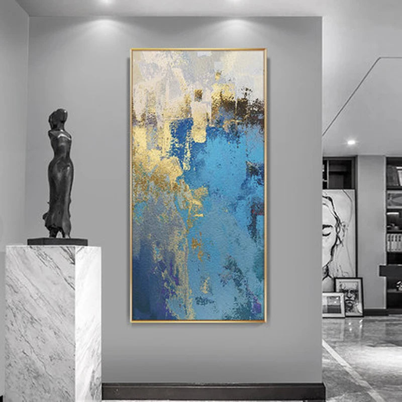 Nordic Aqua Blue Green Golden Fluid Marble Print Wall Art Fine Art Canvas Prints Pictures For Luxury Living Room Foyer Hotel Room Decor | Skanto