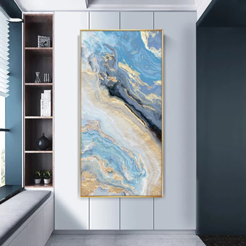 Nordic Aqua Blue Green Golden Fluid Marble Print Wall Art Fine Art Canvas Prints Pictures For Luxury Living Room Foyer Hotel Room Decor | Skanto