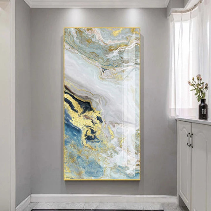 Nordic Aqua Blue Green Golden Fluid Marble Print Wall Art Fine Art Canvas Prints Pictures For Luxury Living Room Foyer Hotel Room Decor | Skanto