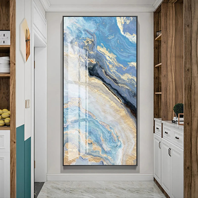 Nordic Aqua Blue Green Golden Fluid Marble Print Wall Art Fine Art Canvas Prints Pictures For Luxury Living Room Foyer Hotel Room Decor | Skanto