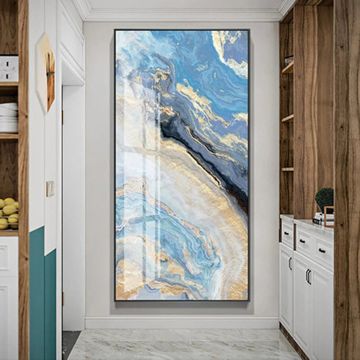 Nordic Aqua Blue Green Golden Fluid Marble Print Wall Art Fine Art Canvas Prints Pictures For Luxury Living Room Foyer Hotel Room Decor | Skanto
