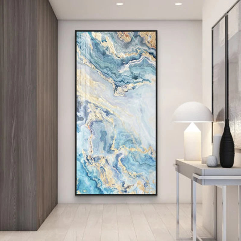 Nordic Aqua Blue Green Golden Fluid Marble Print Wall Art Fine Art Canvas Prints Pictures For Luxury Living Room Foyer Hotel Room Decor | Skanto