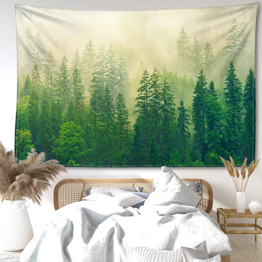 Nordic Hengeveggteppe Dekorasjon 100% Polyester Trykt Tåkeskog Landskap Veggtepper Inspirerende Bilder av Ro for Stue Dekor | Skanto