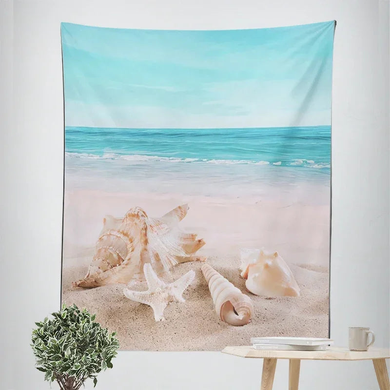 Nordic Hengende Veggteppe Dekorasjon 100% Polyester Trykte Havlandskap Sol Hav & Sandstrand Blå Himmel Veggtepper Bilder av Ro for stuen | Skanto