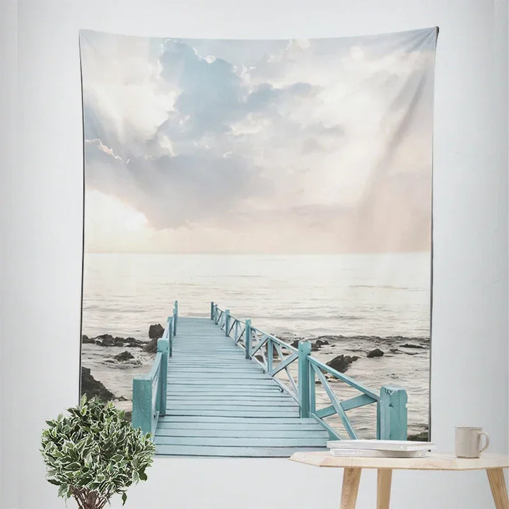 Nordic Hengende Veggteppe Dekorasjon 100% Polyester Trykte Havlandskap Sol Hav & Sandstrand Blå Himmel Veggtepper Bilder av Ro for stuen | Skanto